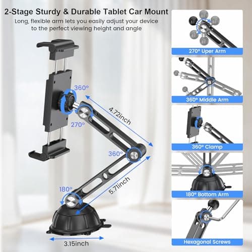 PLDHPRO Aluminum Alloy Tablet Car Mount for Dashboard Windshield, Heavy Duty Truck Suction Cup Stand, Large Clamp, Thick Case Friendly, Fits 5.1-15.6'' iPad Pro/Air/Mini, Galaxy Tabs - Thumbnail 5