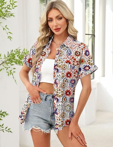Kistore Womens Hawaiian Shirts Button Down Shirt with Pocket Short Sleeve Blouses Business Casual Work Tops Summer Outfits M - Thumbnail 2