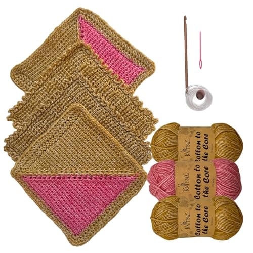 KnitPal Everyday Joy Tunisian Crochet Dishcloth Kit for Confident Beginners – Make 4 Reusable Dishcloths – Cotton Yarn, Tunisian Crochet Hook, 2 Patterns & Video Tutorials (Camel Brown+Flamingo Pink) - Image 1