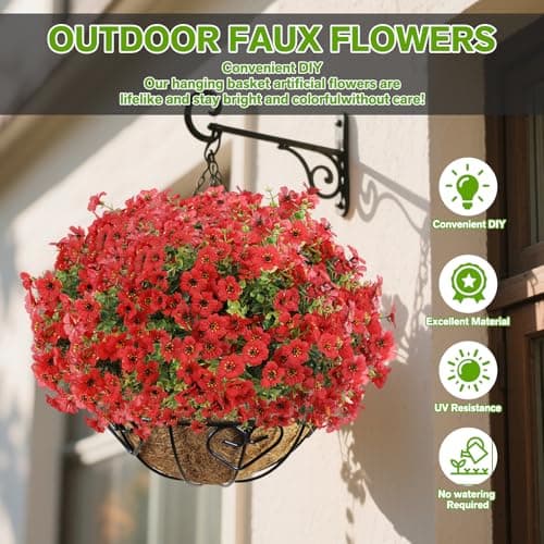 LetuoClips Artificial Flowers Fake Plants for Outdoors Spring Decoration, 13Bundles Silk Realistic UV Resistant Faux Flowers for Outside Planter Porch Yard Patio Garden Home Indoor, Red - Thumbnail 2