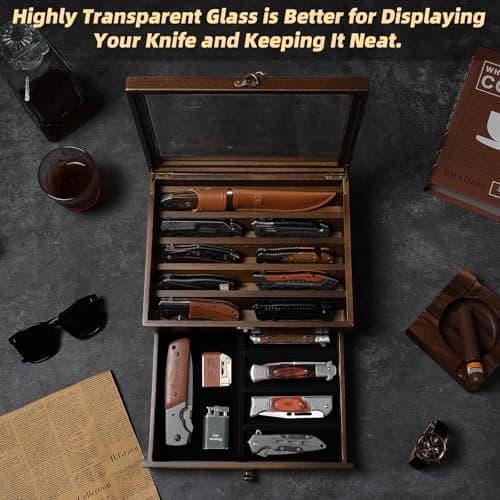 Knife Display Case Knife Collection Display Holder with Glass Lid, 2-Layer Wooden Pocket Knife Case with Drawers - Thumbnail 2