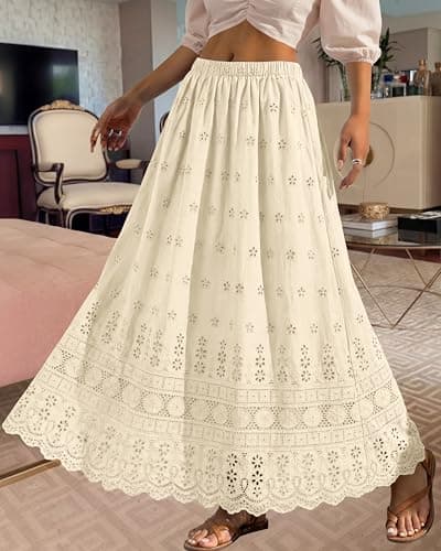 dowerme Women Summer Maxi Skirt Cute Elastic High Waist Boho Eyelet A-Line Cotton Flwoy Long Skirts Spring Clothes 2026(Beige,X-Large) - Thumbnail 6