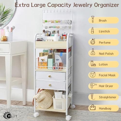YGJT Makeup Organizer, Floor Skincare Cosmetics Organizer with Drawers, Jewelry Organizers and Storage for Earring Necklace, Vanity Organizer for Skin Care Perfume Makeup Brush Nail Polish Hair Tool - Thumbnail 3