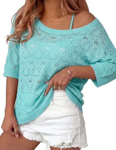 GRACE KARIN Women's Crochet Cover Up Tops Summer Short Sleeve Off Shoulder Sweater Shirts Beach Swimsuit Coverup Light Blue M - Image 1