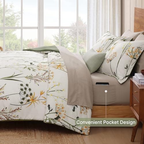 WRENSONGE Botanical Comforter Set Queen Size-7 Pieces Dandelion Bed in a Bag with Flowers Pattern, Soft Floral Complete Bedding Set with Sheets for All Season - Thumbnail 4
