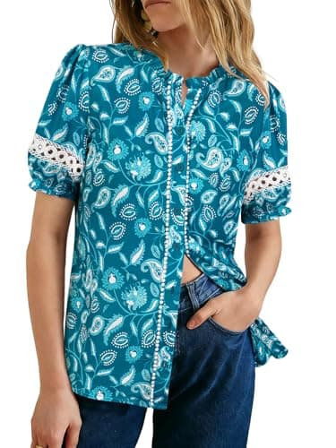 GRACE KARIN Women Boho Floral Tops, Summer Short Eyelet Sleeve Dressy Casual Shirts, Spring Button Down Blouse 2026 Trendy Blue X-Large - Image 1