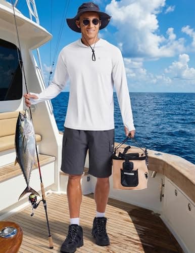 PINSPARK Men's UPF 50+ Fishing Shirts Long Sleeve UV Sun Hoodie, Hiking Running Swimming Surfing Athletic Workout Shirt L White - Thumbnail 3