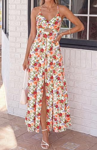 BTFBM Summer Dresses for Women 2026 Spring Floral Spaghetti Strap Smocked Cutout Maxi Dress Resort Beach Vacation Outfit(Floral White Multi, Small) - Thumbnail 2