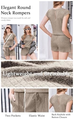 Ekouaer Rompers for Women Summer Casual Cap Sleeve Crewneck Short Pants Jumpsuit Beach Vacation Outfit with Pockets Khaki L - Thumbnail 5