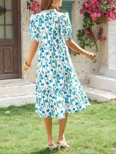 Wenrine Womens Summer Floral Midi Dress Casual Puff Short Sleeve V Neck Swing Flowy Boho Beach Dresses with Pockets Blue - Thumbnail 4