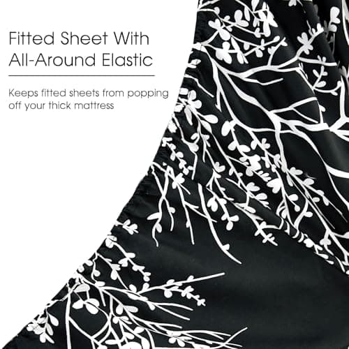 Spirit Linen home King Size Sheets Set - Pure Microfiber 4 Piece Polyester Bed Sheets, Fitted Sheet & Pillow Cases - King Sheets for All Seasons (Foliage Black/White, King) - Thumbnail 3