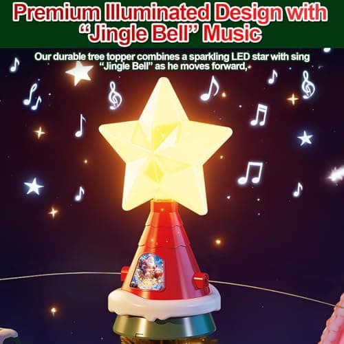 Christmas Tree Topper, Star Motion Rotating Santa's Reindeer Sleigh + Snowmen in Green Cable Car with Merry Xmas Slogans, Illuminated LED Star Christmas Party with Music for Christmas Tree Decor - Thumbnail 2