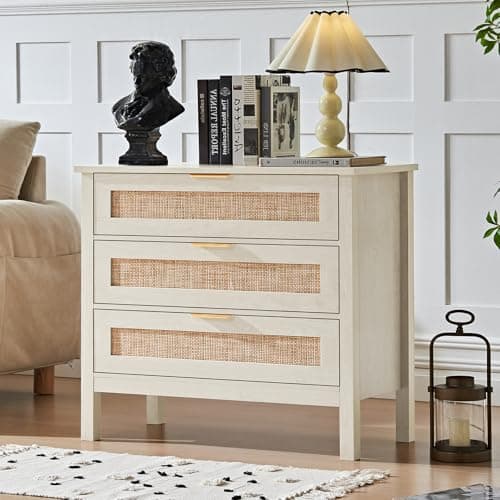 LEYAOYAO 31.5" Wide Rattan Nightstand, Large Boho 3 Drawer Night Stand, Grey White Bedside Table with Storage, Tall Bed Side End Tables, Chest of Drawers Dressers for Bedroom, Living Room, Hallway - Thumbnail 5