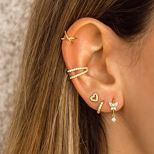 ALEXCRAFT Small Gold Stud Earrings 6 Pairs Cute Stud Earrings for Women Cubic Zirconia Earring Studs 14k Gold Plated Heart Earing for Women Hypoallergenic Pack - Thumbnail 2