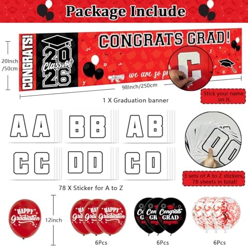 NUTTYBASH Graduation Party Decorations, Red Personalized Class of 2026 Graduation Banner with 78 Alphabet Stickers and Balloons, Congrats Banner for College High School Party Supplies - Thumbnail 5