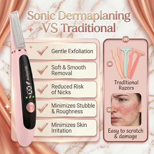 Aviowish Sonic Dermaplaning Razor for Women face – Beginner-Safe & Sensitive Skin Friendly, Controlled Exfoliation to Remove Peach Fuzz & Dull Skin – 3 Precision Speeds – 12 Blades&LED Light - Thumbnail 3