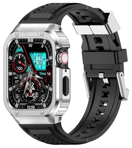 Deczone Band with Stainless Steel Case Compatible with Apple Watch Series SE 3 2 1/6 5 4 44mm, Series 3 2 1 42mm Band, iwatch Bands Rugged Protective Metal Cover for Men (Silver) - Image 1