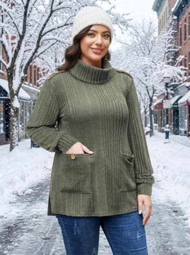 Amrto Plus Size Light Weight Tunic Sweater for Women Army Green Mock Neck Long Sleeve Warm Cotton Knitted Fall Clothes 2025 Winter Fashion Funnel Work Holiday Office Essential formal Interview Casual - Thumbnail 2