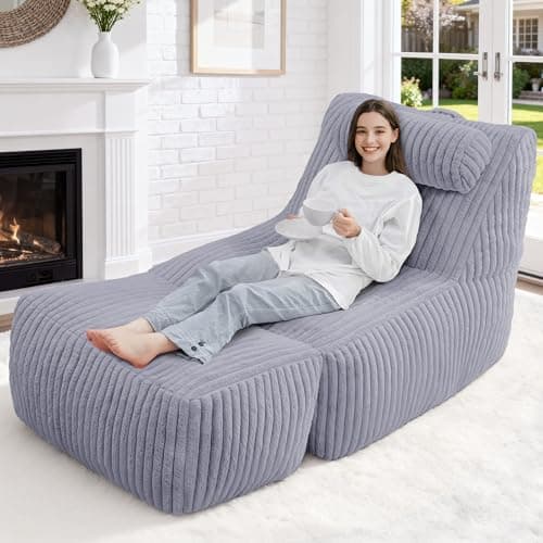 HABUTWAY Giant Bean Bag Chairs for Adults,Bean Bag Lounger with Removable Cover,Large BeanBag Chair with Ottoman&Storage Pocket,Memory Foam Filled Bean Bag Sofa for Living Room,Bedroom-Plush LightGrey - Image 1