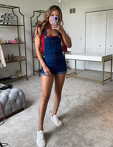 Vetinee Women's Deep Blue Classic Adjustable Straps Cuffed Hem Denim Bib Overall Shorts Small - Thumbnail 4