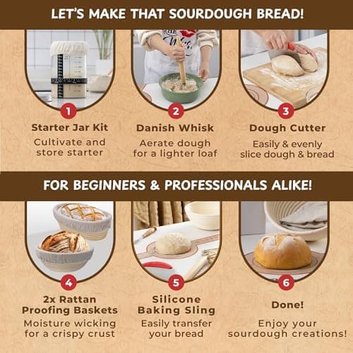 Complete Sourdough Bread Starter Kit, Glass Sourdough Starter Jar Kit & Tons of Sourdough Bread Baking Supplies - Sourdough Starter Kit Includes Sourdough Jar, Banneton Basket (2x Baskets and Jar) - Thumbnail 6