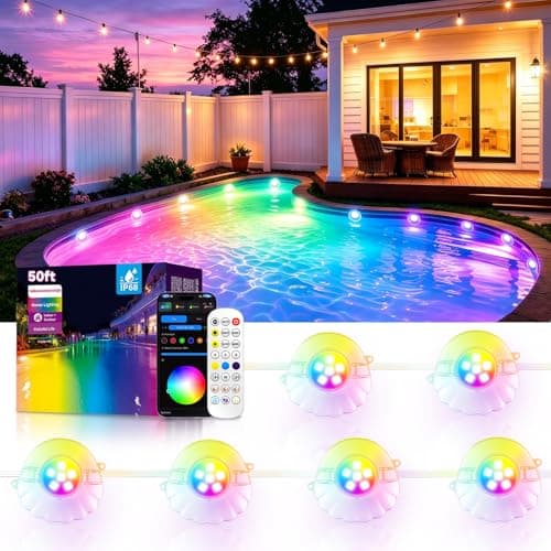 AHAWILL 50FT RGB Pool Lights for Inground & Above Ground Pools, Plug-in 8 Shell Pool LED String Lights,IP68 Waterproof, Remote/APP Control,16 Million Colors,44 Dynamic Modes for Swimming Pool Decor