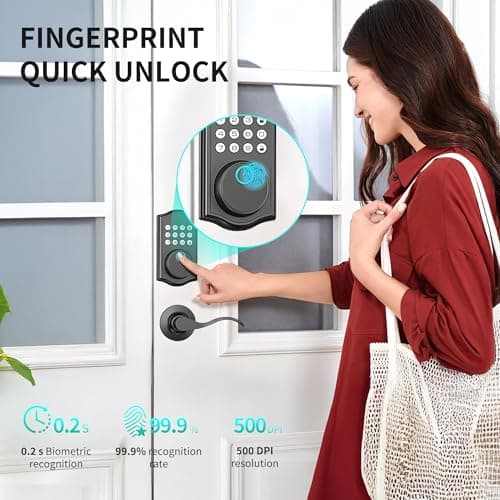 Keyless Entry Door Lock Deadbolt with Handle Set,Fingerprint Smart Locks for Front Door,Backlit Digital Keypad Deadbolt with 2 Keys - Auto Locking - Easy Installation-Left/Right Doors (Matte Black) - Thumbnail 4