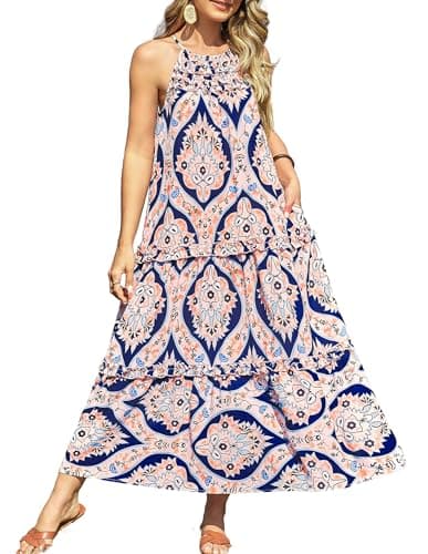 GRACE KARIN Women's Boho Maxi Dress Casual Summer Loose Long Floral Sundresses Flowy Halter Tiered Beach Vacation Dresses for Women Orange Folk Flower S - Image 1