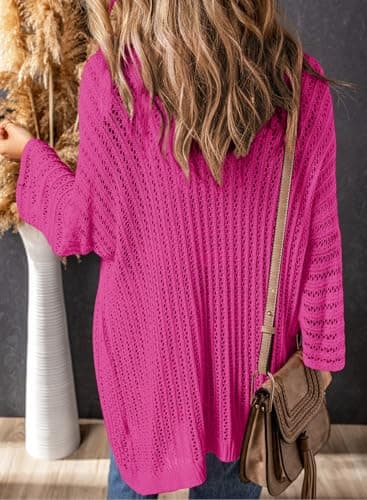 Dokotoo Vacation Outfits Resort Wear for Women 2026 Spring Summer Fashion Cardigan Sweaters Lightweight Cardigan Dressy Casual Crochet Beach Clothes Clothing Bathing Suit Cover Up Rose Red - Thumbnail 5