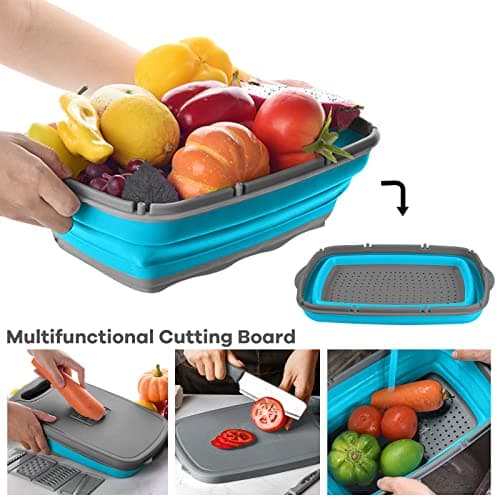 Gintan Collapsible Camping Cutting Board, 9-in-1 Chopping Board with Colander, Kitchen Vegetable Washing Basket for Camping, Camping Gifts Camping Accessories for RV Campers (Blue+Grey) - Thumbnail 5