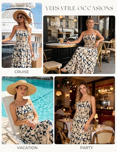 GRACE KARIN Summer Dresses for Women 2026 Vacation,Smocked Floral Maxi Dresses,Boho Beach Long Sundress Navy Flower XL - Thumbnail 4