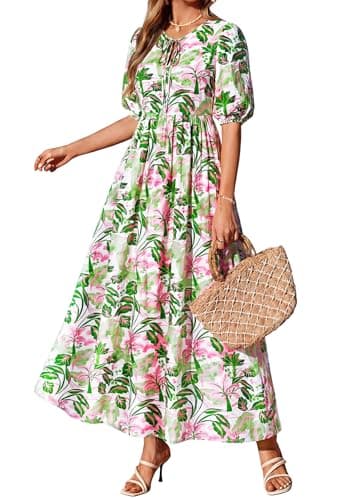 KIRUNDO Spring Dresses for Women 2026 Summer Wedding Guest Boho Floral 3/4 Sleeve Beach Vacation Cruise Flowy Maxi Dress(Green, Medium) - Thumbnail 6