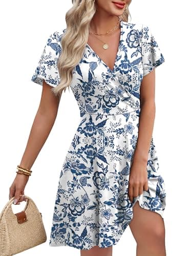 OFEEFAN Floral Dress for Women Boho Summer Dresses Short Sleeve A-line Empire Waist Babydoll Dress Plus Size Womens Clothes Blue Flower XXL - Image 1