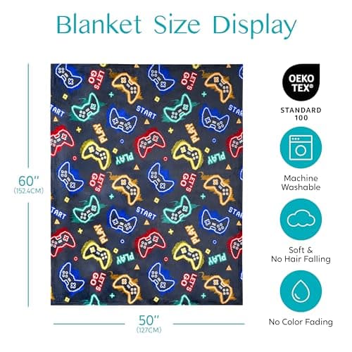 Joiedomi Glow in The Dark Gaming Blanket Gamer Gifts for Boys Age 2 3 4 5 6 7 8 9 10 11 12 Year Old, Soft Cozy Flannel Kids Throw Blanket, Birthday Bedroom Decor Grey 50"×60" - Thumbnail 6