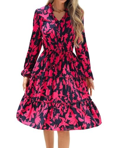 BTFBM Women Fall Dresses 2025 Floral V Neck Long Sleeve Tiered Ruffle Boho Swing Flowy A-Line Mini Dresses Vacation(Navy Rose Red Floral,XX-Large) - Image 1