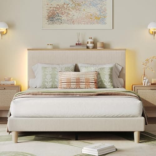 Bestier Queen Bed Frame with Adjustable Headboard & LED Lighting, Corduroy Upholstered Platform Bed Frame with Storage Shelf, Solid Wood Slats, No Box Spring Needed, Never Squeak, Easy Assembly, Beige - Image 1