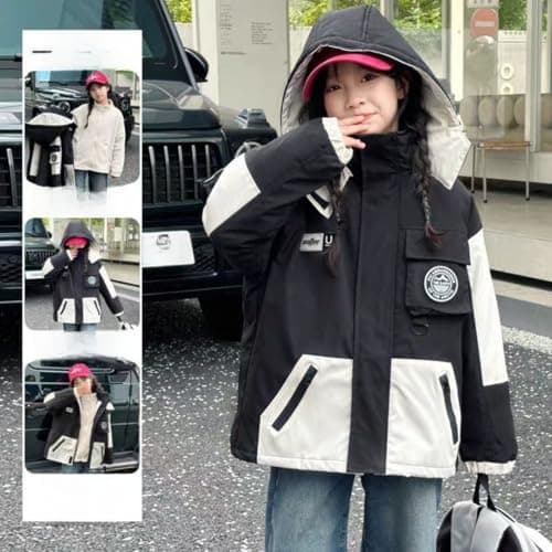 ELUCKFACE Kids Windproof 3-in-1 Winter Jacket, Hooded Water-Resistant Thick Coat with Detachable Fleece for Boys Girls Black 7-8 Years - Thumbnail 3