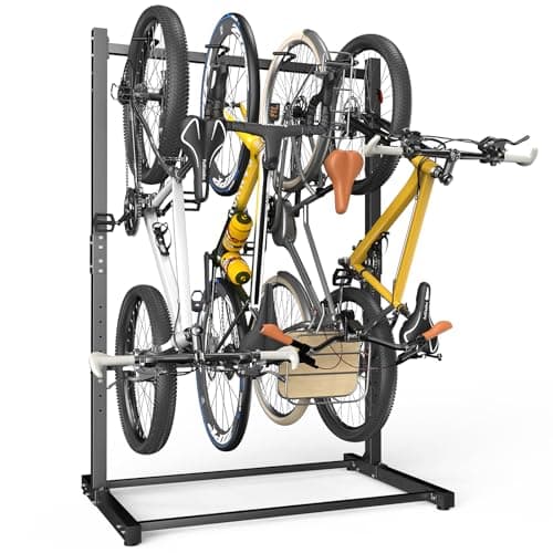 organizelink Freestanding Bike Rack for Garage, 4 Bike Storage Stand with Wobble-Free Base, Heavy Duty Vertical Bicycle Hanger with Adjustable Hook Height - Image 1