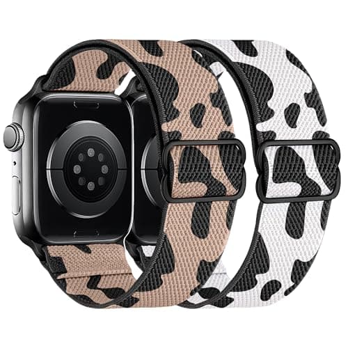 XSMDAJDTXZ 2 Pack Stretchy Solo Loop Compatible with Apple Watch Band 40mm 41mm 44mm 45mm 46mm 49mm 38mm 42mm Women Men, Sport Nylon Elastic Straps Braided Wristbands for iphone Watch Series 11 10 9 8 7 6 5 4 3 Ultra SE (rosecow/cow, 38mm/40mm/41mm/42mm(Series 10)) - Image 1