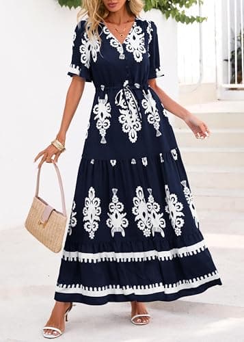 Lazysmile Summer Dresses for Women Short Sleeve V Neck Floral Drawstring Flowy A Line Boho Maxi Dress with Pockets Navy - Thumbnail 3