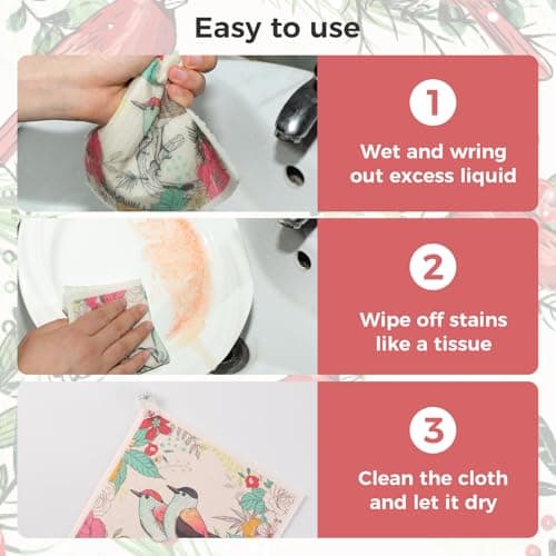 wlich 10PCS Swedish Dishcloths for Kitchen, Reusable Dish Rags for Washing Dishes with Clips, Non-Scratch Kitchen Towels and Dishcloths Sets, Washable Swedish Dish Cloths, No Odor(Birds Flowers) - Thumbnail 6