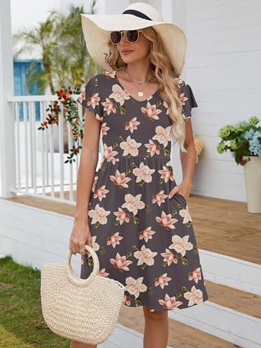 Heymoments Women Summer Dress Rosybrown Hibiscus Small Ruffle Sleeve V Neck Casual Cute Loose Sundress Comfy Swing Midi Work Flowy Tunic Ladies Beach Vacation Teacher Dresses with Pockets - Thumbnail 2