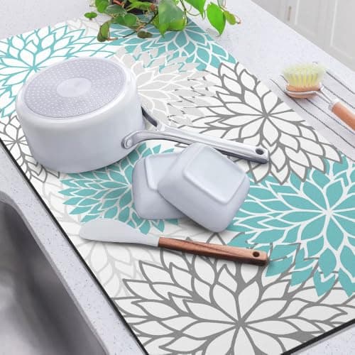 Findosom 2PCS 12" x 20" Dish Drying Mat & 24" x 5.5" Sink Splash Guard, Super Absorbent & Cuttable Dish Mat Drying Kitchen Mat with Teal Floral, Hide Stain Drying Mat for Kitchen Counter - Thumbnail 6