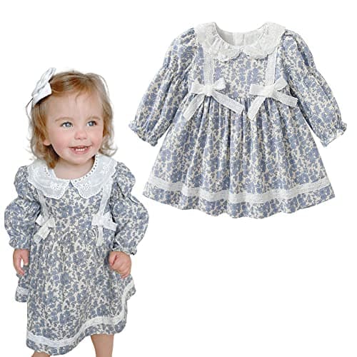 Simplee kids Baby Girls Smocked Dress Handmade Fall Casual Dresses Floral Print Sundress Princess Dress for Toddlers Light Blue 12 Months - Image 1