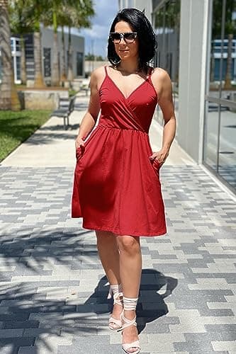 STYLEWORD Women's Summer Sundress Spaghetti Strap V Neck Casual Flowy Sundress with Pocket Cruise Outfits 2026(Wine-429,M) - Thumbnail 4
