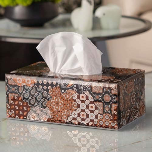 Timetrace Glass Tissue Box Cover Rectangle-Patchwork Pattern (Brown) Decorative Tissue Holder with Velvet Lining for Home Decor, Living Room, Bedroom, Kitchen, Office - Image 1