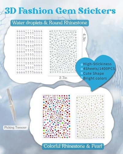 Face Glitter Gems Rave Accessories: 6 Face Body Glitter Gel & 4 Self Adhesive Gem Stickers 1440PCS, Sparkly Rhinestone Stickers Hair Jewels Kit Girls Women Party Makeup Accessories (Water Droplets) - Thumbnail 3