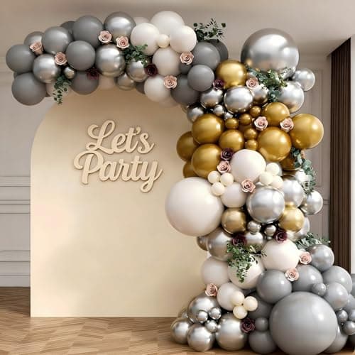 Silver Grey Balloon Garland Arch Kit 143Pcs Sand White Grey Metallic Silver Gold Latex Balloons for Bridal Shower Anniversary Engagement Wedding Birthday Party Decorations - Image 1