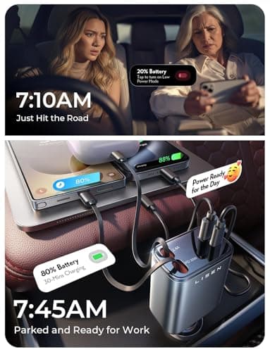 LISEN Retractable Car Charger, for Gifts for Him Her, Cars Adapter USB C Fast Charger, Car Accessories Gadgets for Men Women Travel Essentials Gift for iPhone 17 Pro Max 16 15 14 13 12, Samsung S26 - Thumbnail 5