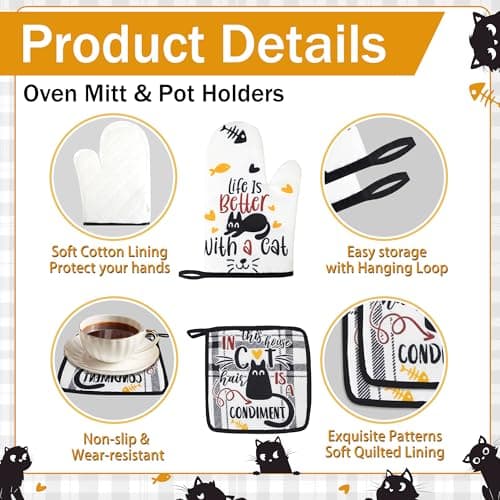 Vetoxka 8 PCS Black Cat Decor Kitchen Decor and Accessories - 4 Dish Towels Set 2 Oven Mitts and Pot Holders Sets for Cat Lover Cooking Baking Cute Kitty Kitten Plaid Lightweight Housewarming Gifts - Thumbnail 6